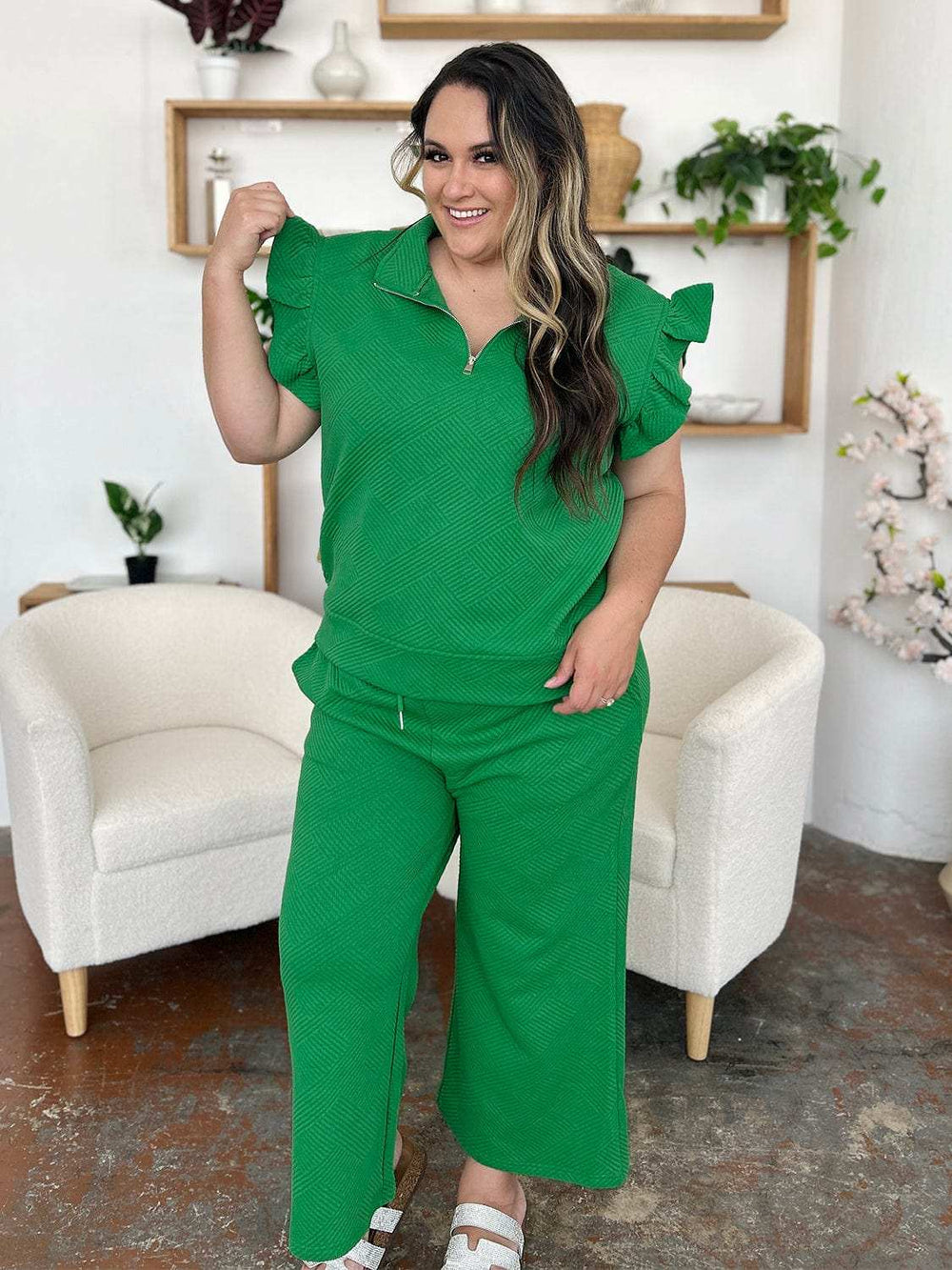 Double Take Texture Ruffle Short Sleeve Top and Drawstring Wide Leg Pants Set - Trendsi - Flyclothing LLC