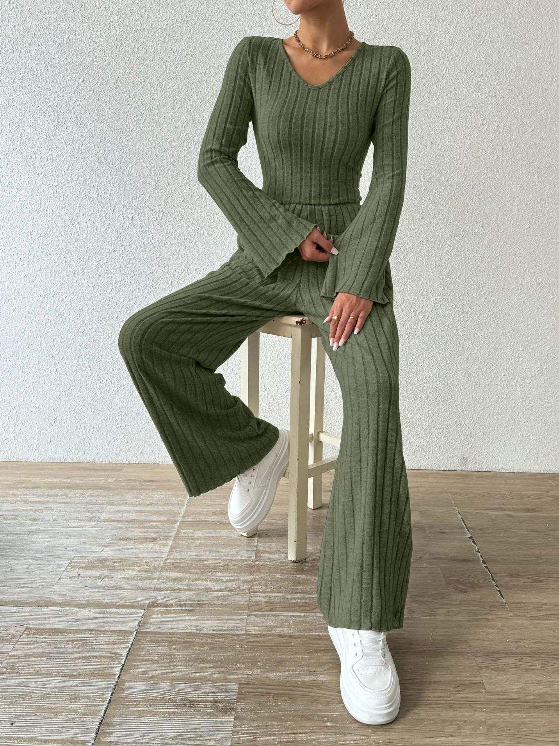Ribbed V-Neck Long Sleeve Top and Pocketed Pants Set - Trendsi - Flyclothing LLC