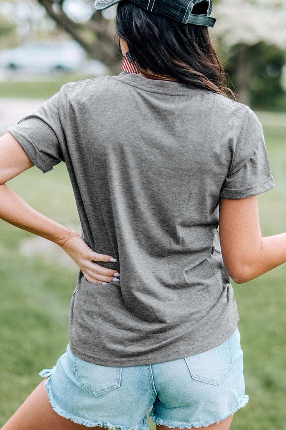 HOPPY Chenille Patch Round Neck Short Sleeve T-Shirt - Trendsi - Flyclothing LLC