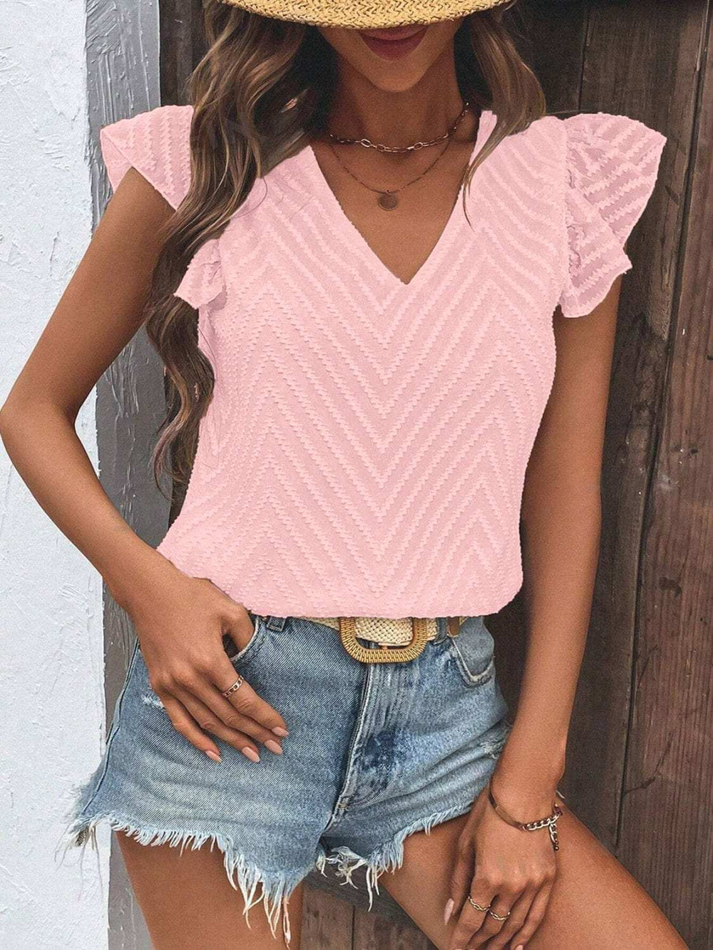 Textured V-Neck Cap Sleeve Blouse - Trendsi - Flyclothing LLC