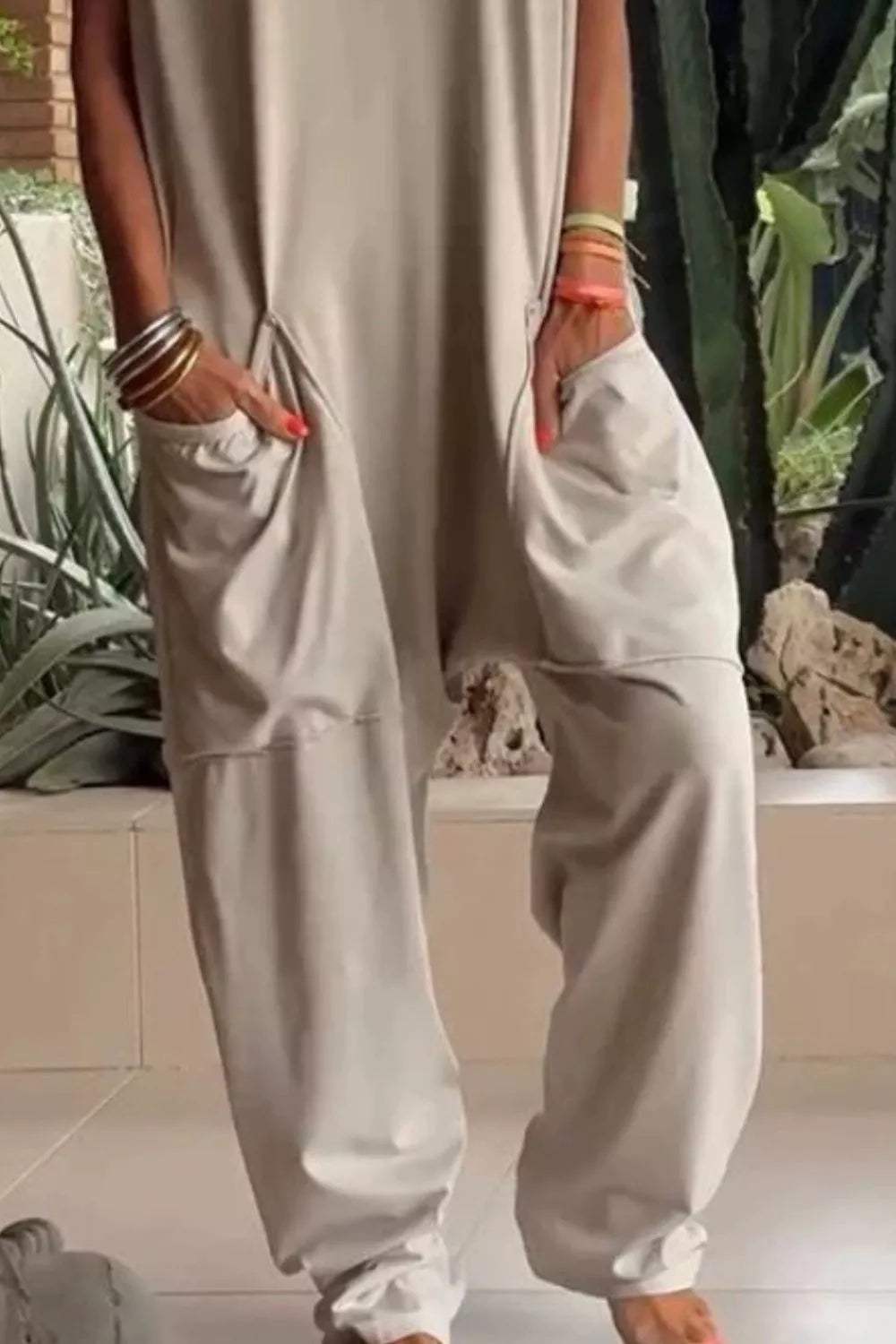 Full Size Casual V-Neck Short Sleeve Jumpsuit with Pockets Plus Size - Trendsi - Flyclothing LLC