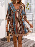 Lace Trim Printed V-Neck 3/4 Sleeve Dress - Trendsi - Flyclothing LLC