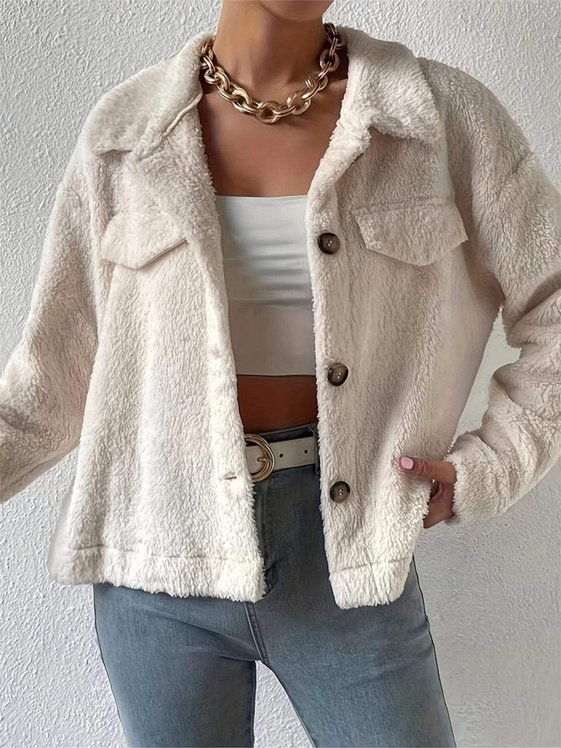 Collared Neck Button Up Jacket with Decorative Pocket Flaps - Trendsi - Flyclothing LLC
