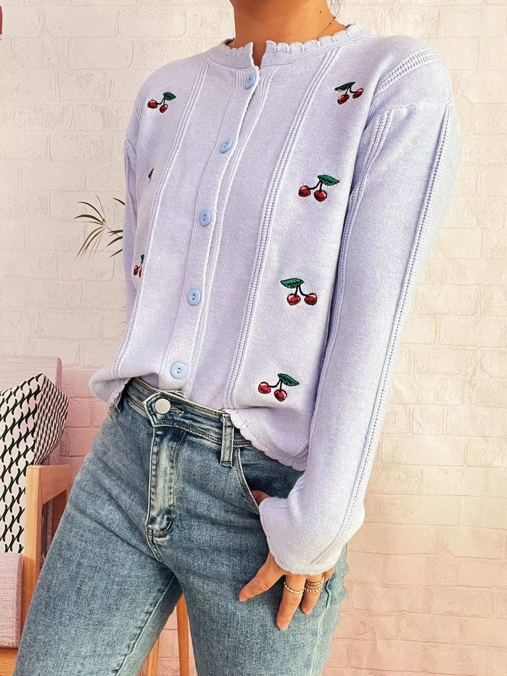 Cherry Embroidered Button Up Cardigan - Trendsi - Flyclothing LLC