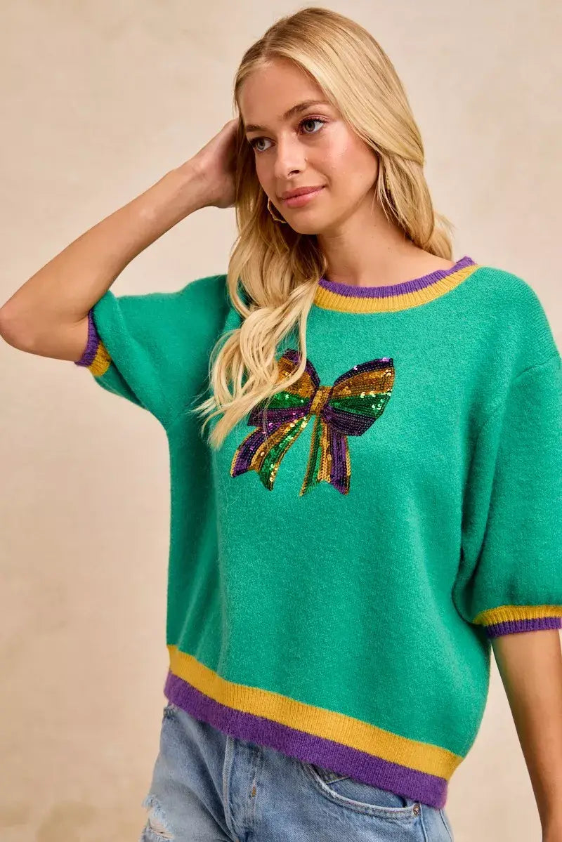 BiBi Mardi Gras Sequin Ribbon Patched Sweater - Trendsi - Flyclothing LLC