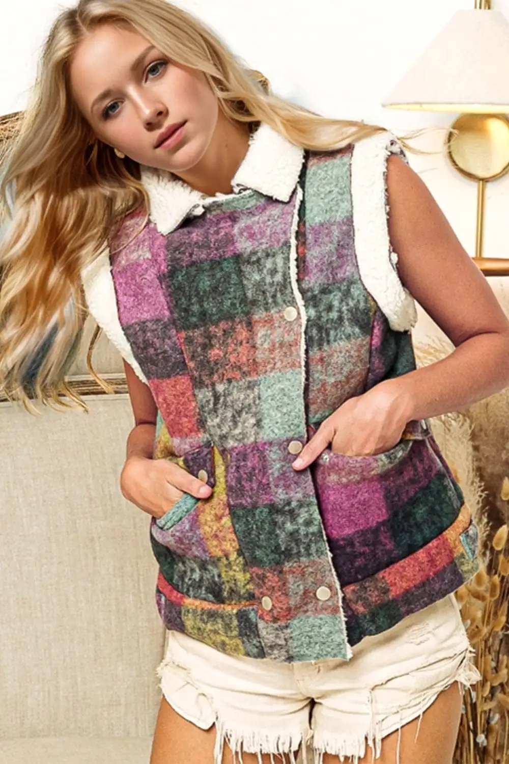Double Take Full Size Snap Down Plaid Vest Coat with Pockets - Trendsi - Flyclothing LLC