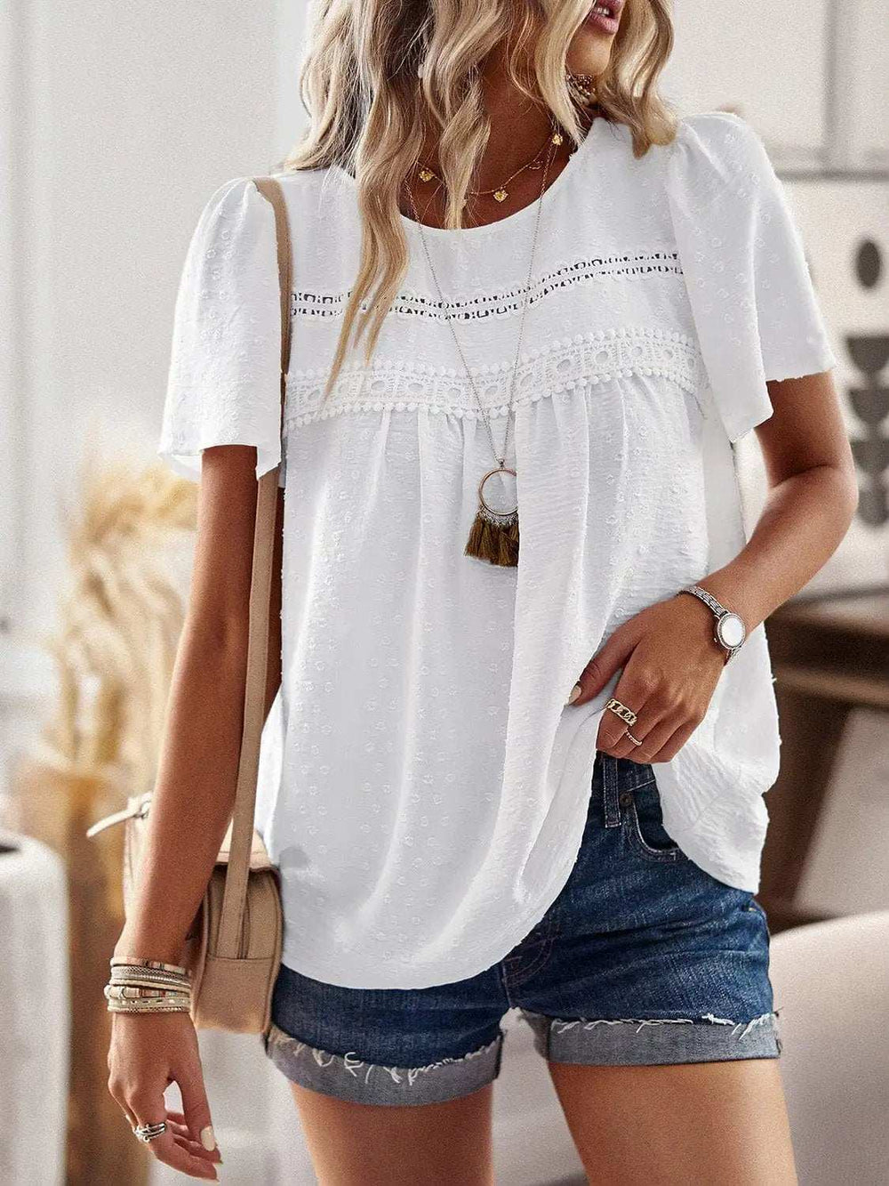 Lace Detail Round Neck Short Sleeve Blouse - Trendsi - Flyclothing LLC