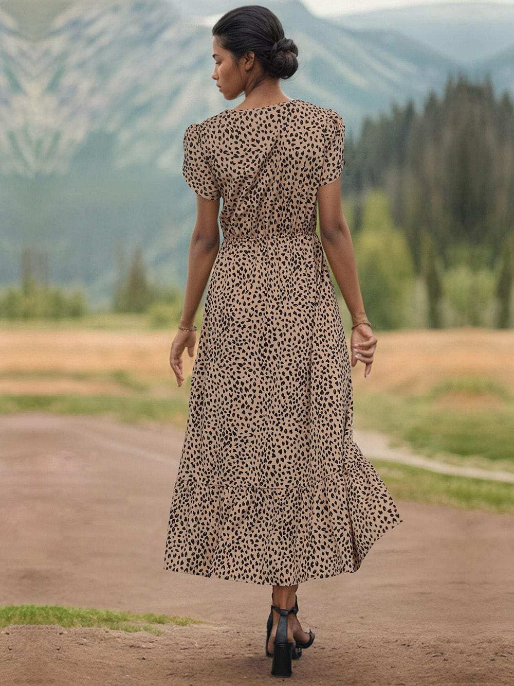 Slit Printed V-Neck Short Sleeve Dress - Trendsi - Flyclothing LLC