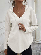 Drawstring Waffle Knit Long Sleeve Hooded Top - Trendsi - Flyclothing LLC