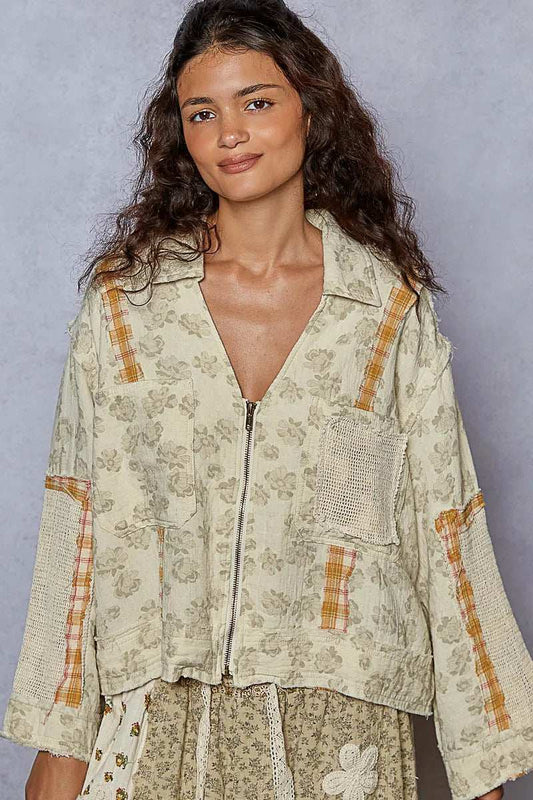 POL Raw Hem Zip Up Floral Jacket with Plaid and Crochet Patch - Trendsi - Flyclothing LLC