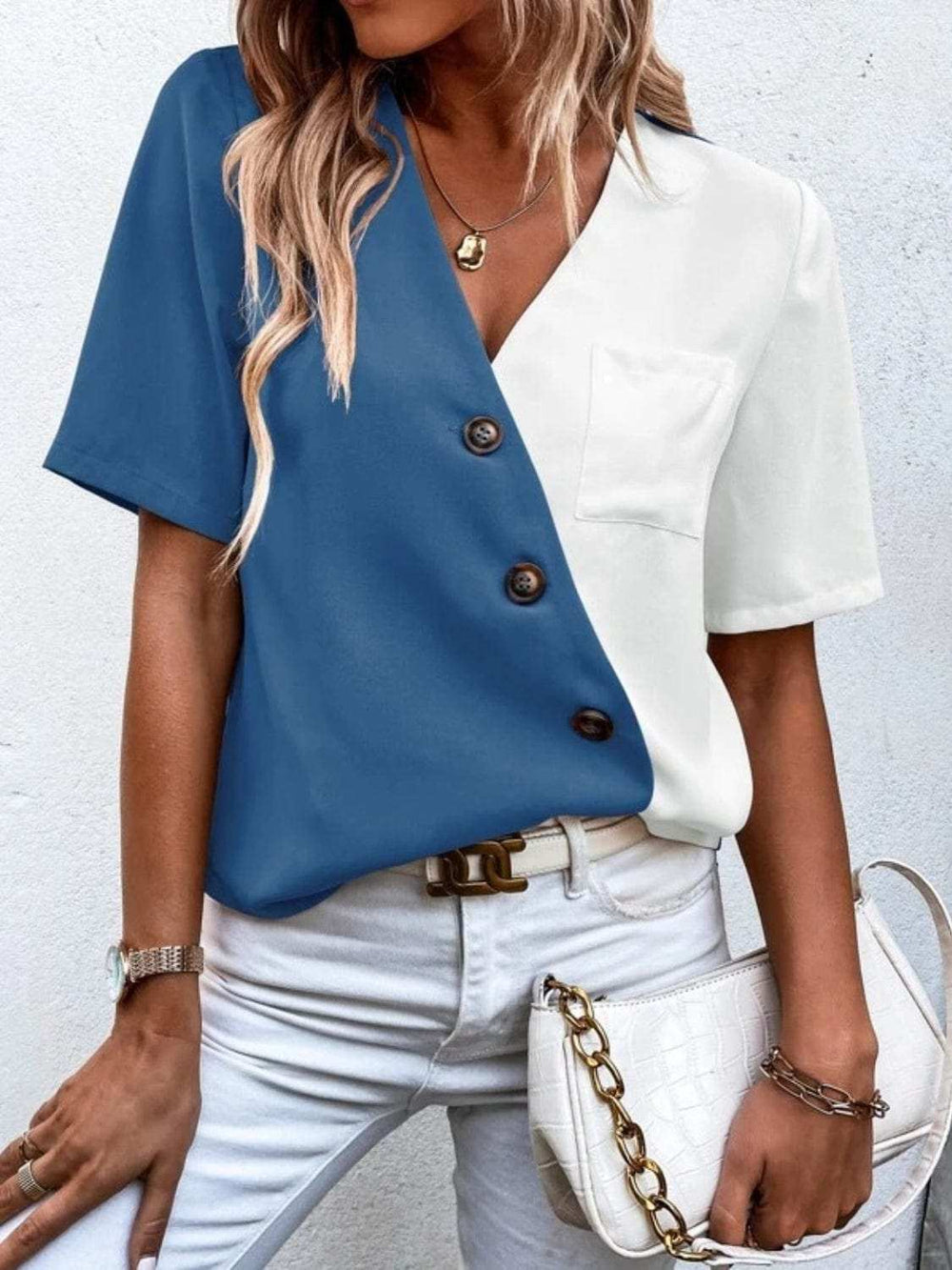 Decorative Button Surplice Short Sleeve Blouse - Trendsi - Flyclothing LLC