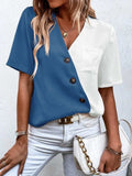 Decorative Button Surplice Short Sleeve Blouse - Trendsi - Flyclothing LLC