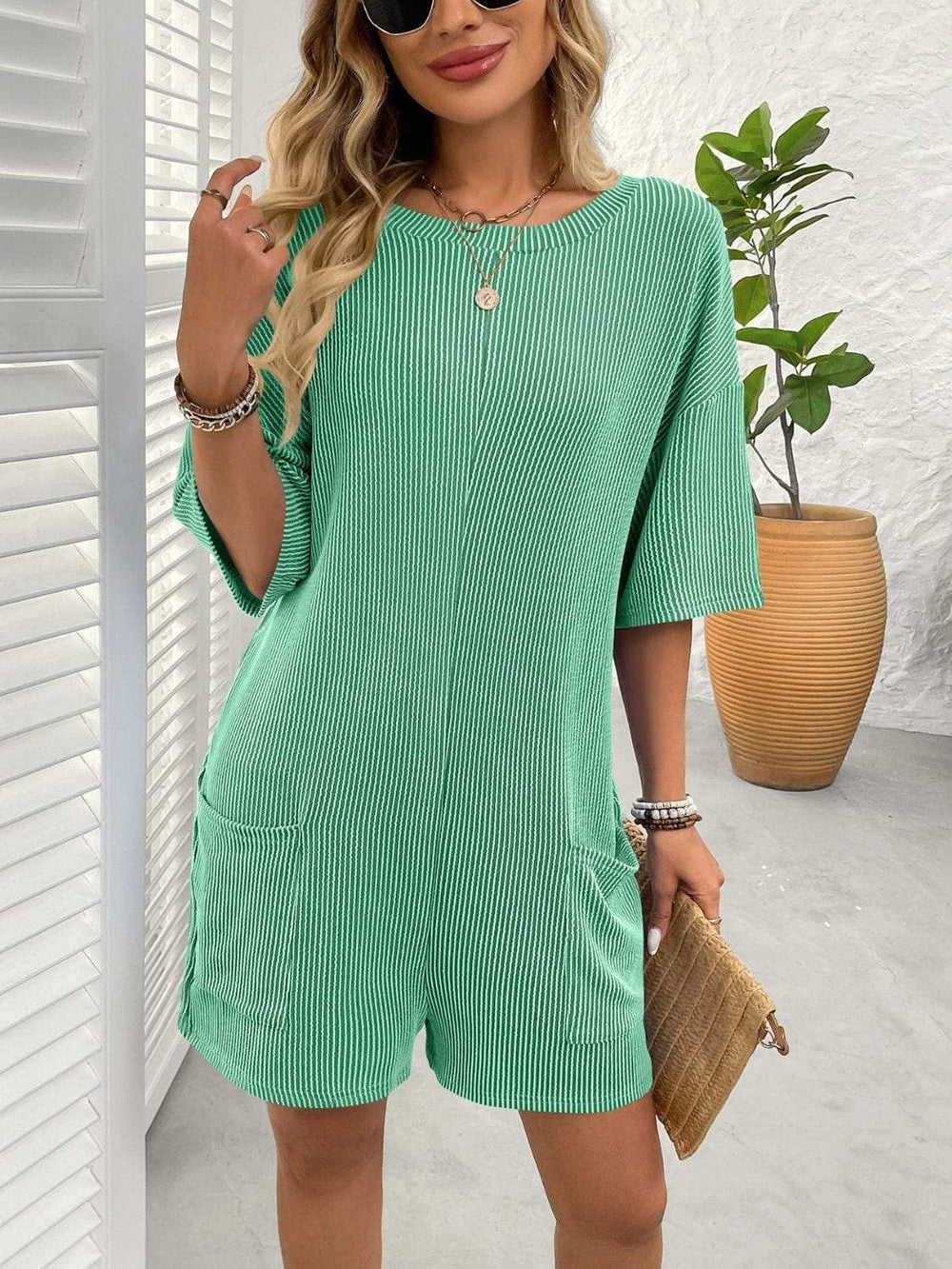 Backless Textured Round Neck Half Sleeve Romper - Trendsi - Flyclothing LLC