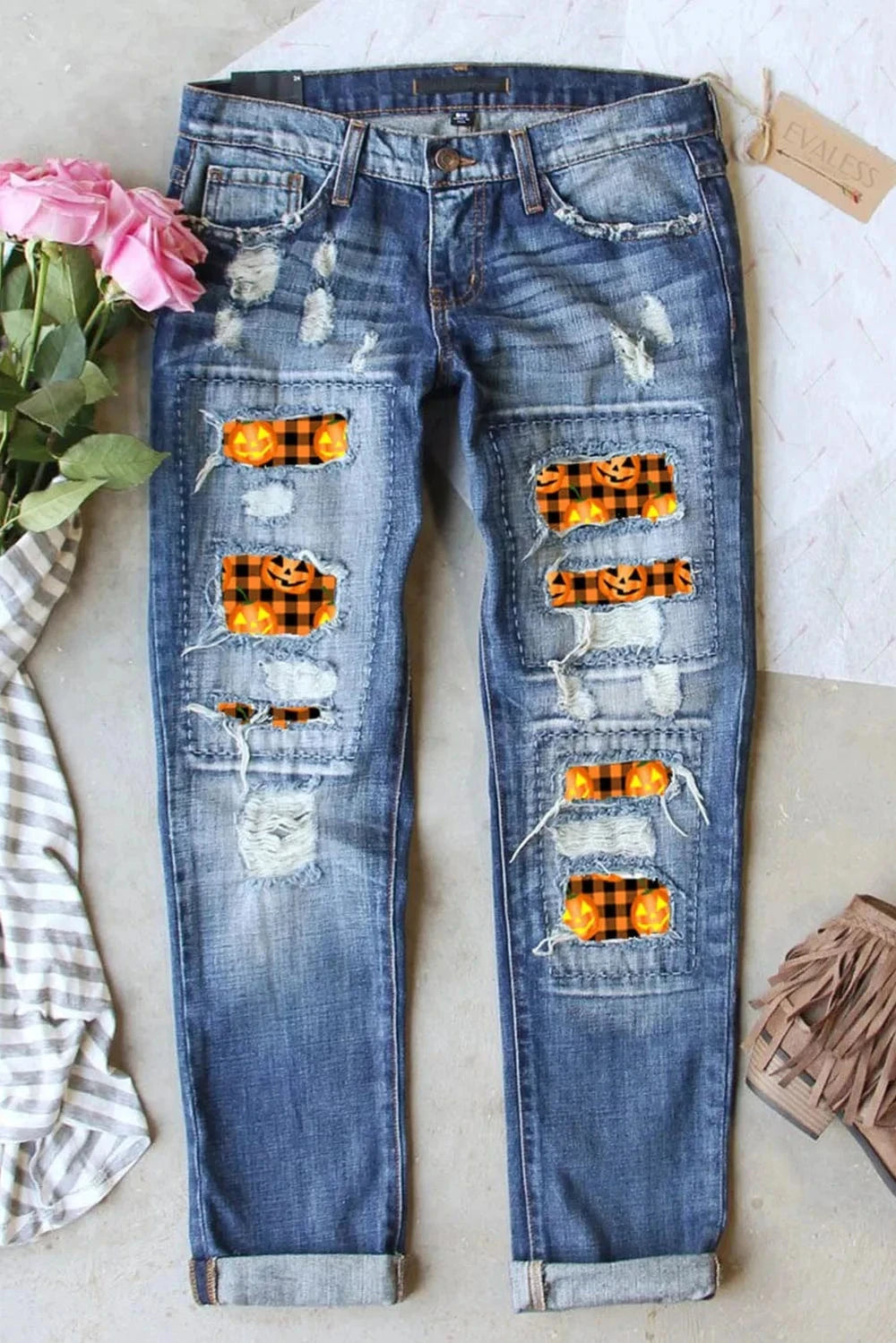 Distressed Pumpkin Pattern Jeans with Pockets - Trendsi