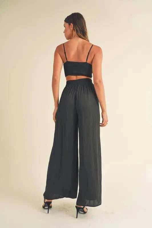 MABLE Smocked Bralette Crop Top and Wide Leg Pants Set - Trendsi - Flyclothing LLC