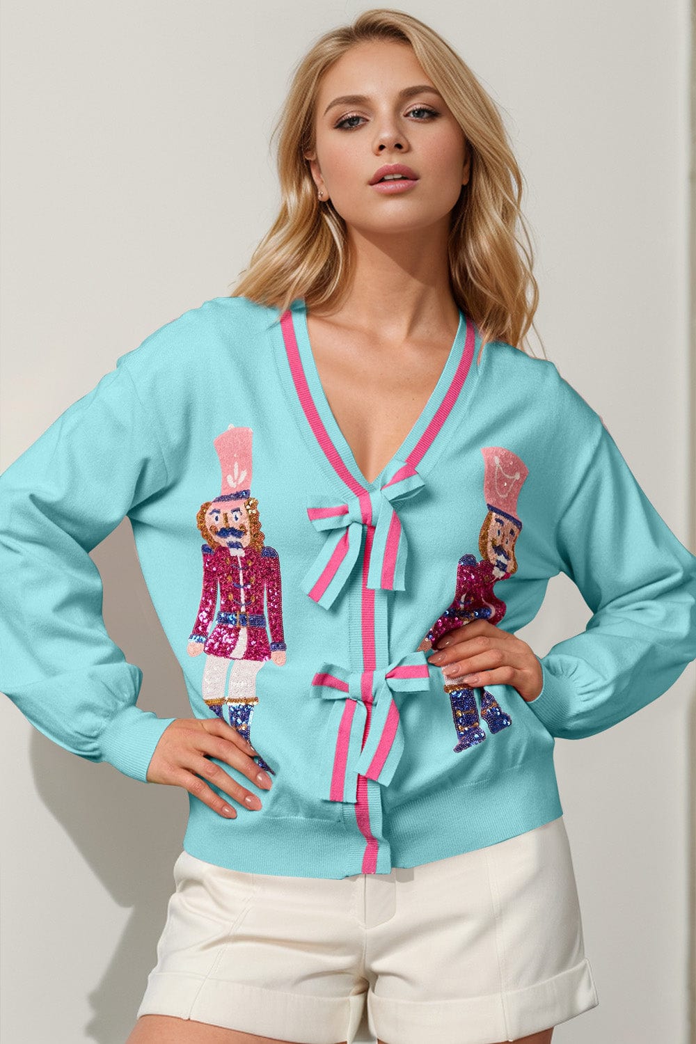 Double Take Full Size Nutcracker Sequin Bow Decor Cardigan - Trendsi