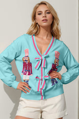 Double Take Full Size Nutcracker Sequin Bow Decor Cardigan - Trendsi