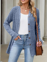 Ribbed Knit Hooded Button-Down Cardigan - Trendsi - Flyclothing LLC