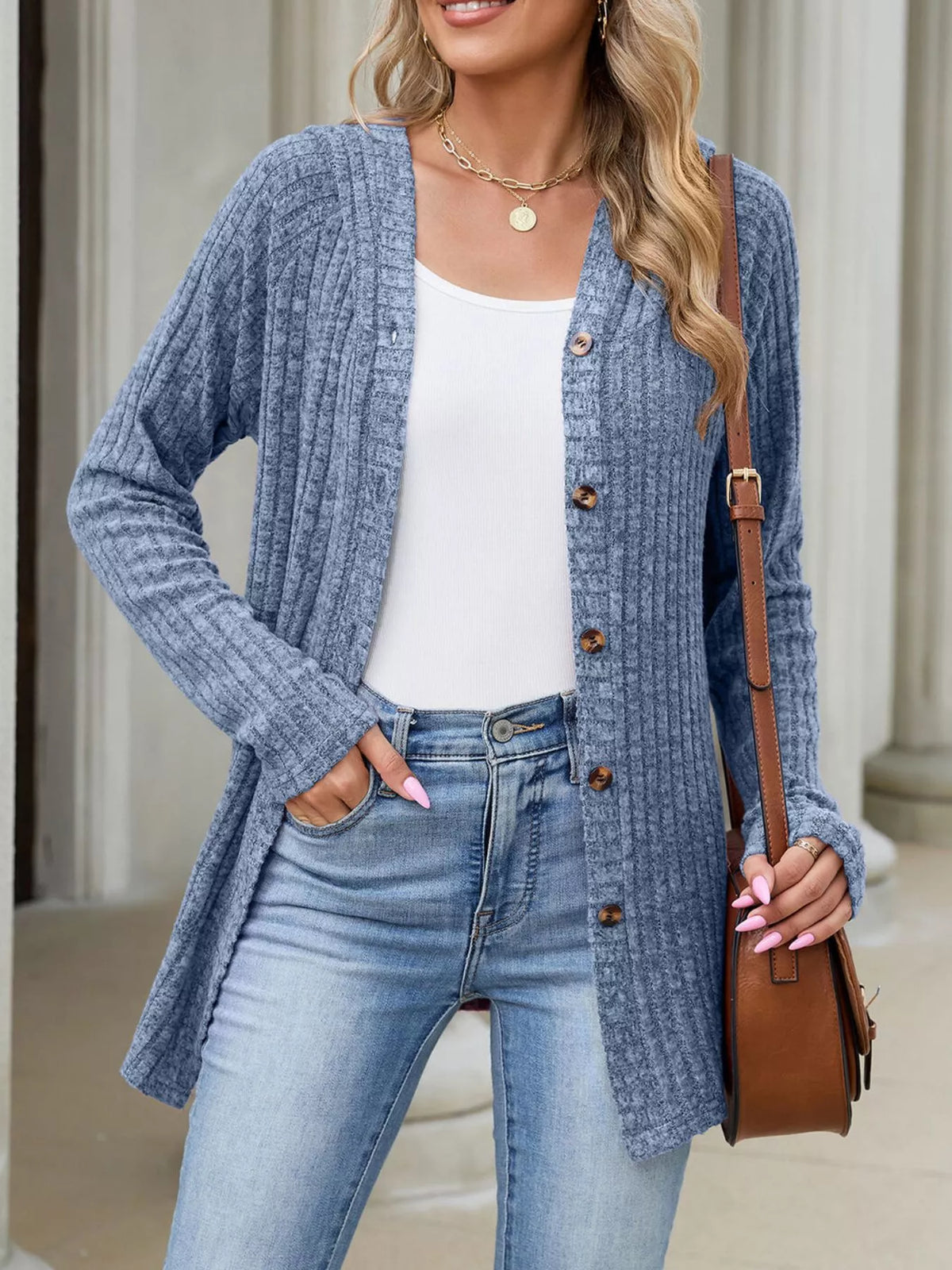 Ribbed Knit Hooded Button-Down Cardigan - Trendsi - Flyclothing LLC