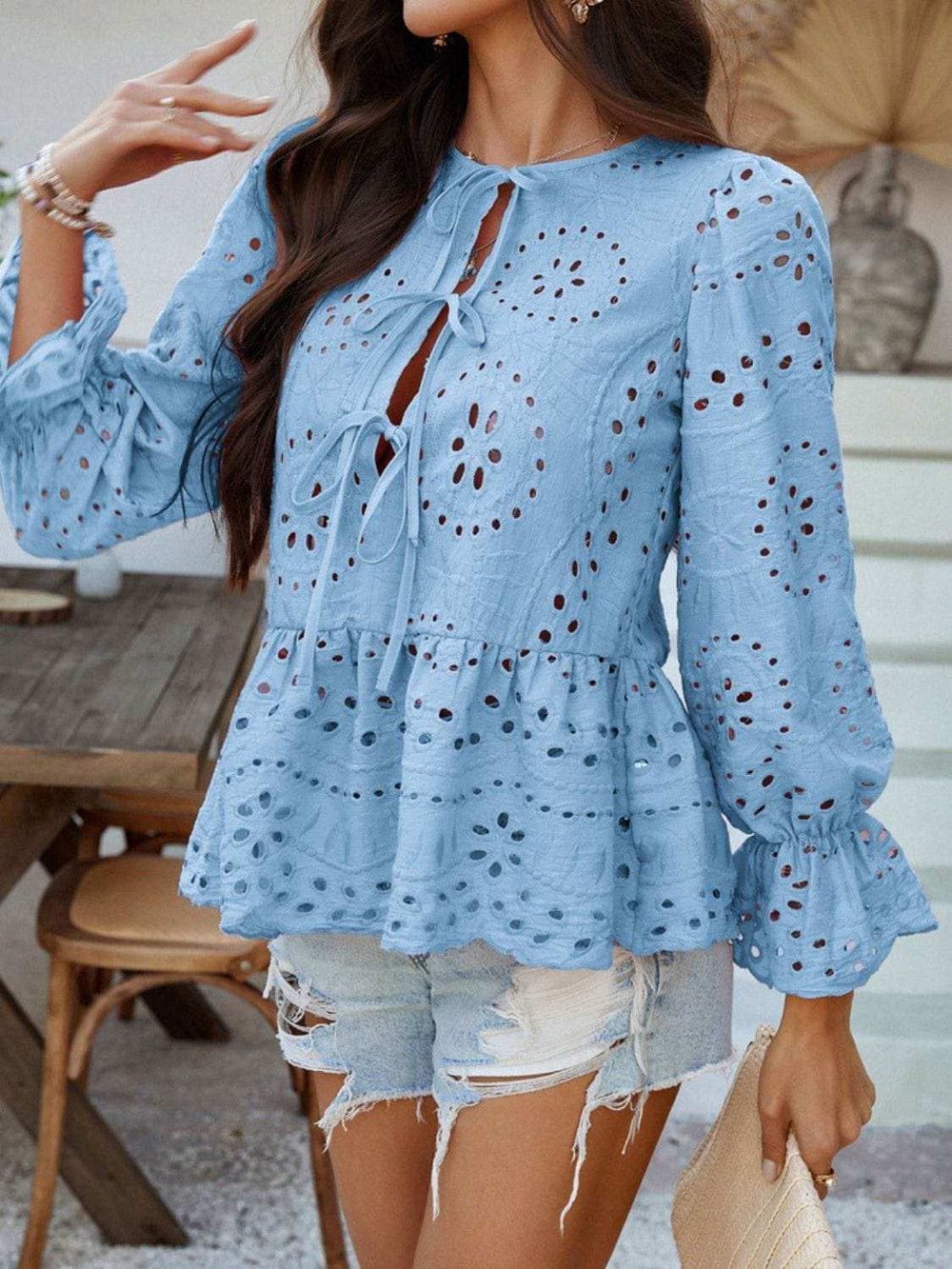 Devine Tie Front Flounce Sleeve Peplum Blouse - Trendsi - Flyclothing LLC