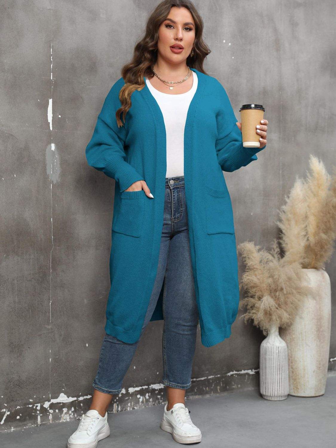 Plus Size Long Sleeve Pocketed Cardigan - Trendsi - Flyclothing LLC