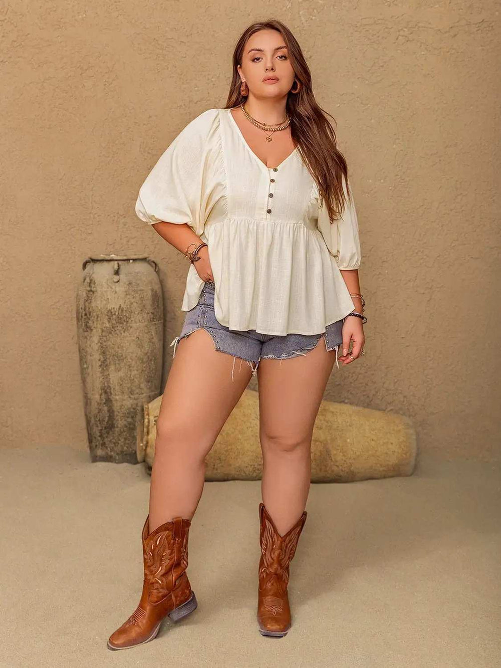 Plus Size Peplum V-Neck Half Sleeve Blouse - Trendsi - Flyclothing LLC