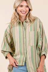 Mittoshop Striped Bubble Sleeve Button Down Shirt - Trendsi - Flyclothing LLC
