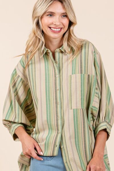 Mittoshop Striped Bubble Sleeve Button Down Shirt - Trendsi