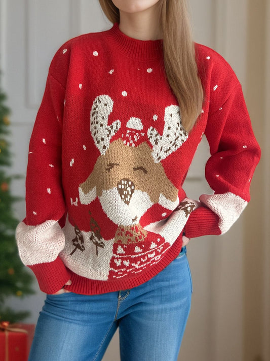 Reindeer Mock Neck Long Sleeve Sweater - Trendsi
