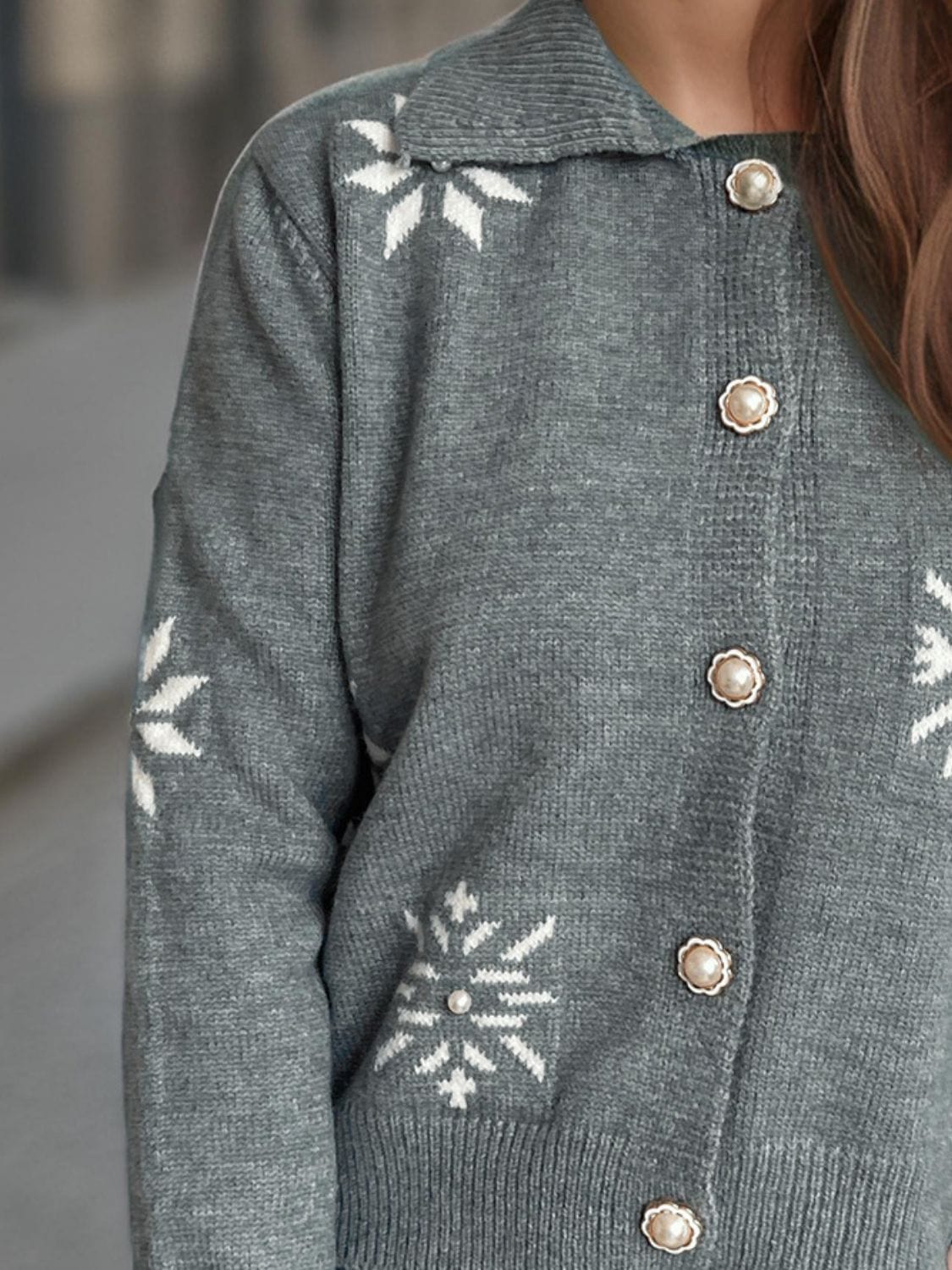 Pearl Trim Collared Neck Long Sleeve Cardigan - Trendsi