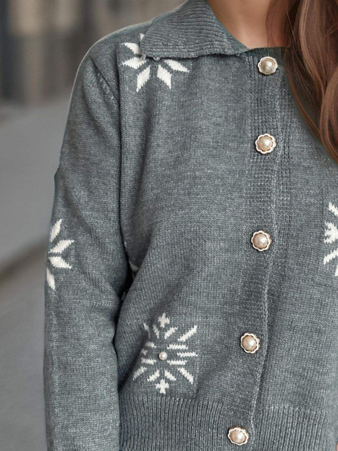 Pearl Trim Collared Neck Long Sleeve Cardigan - Trendsi - Flyclothing LLC