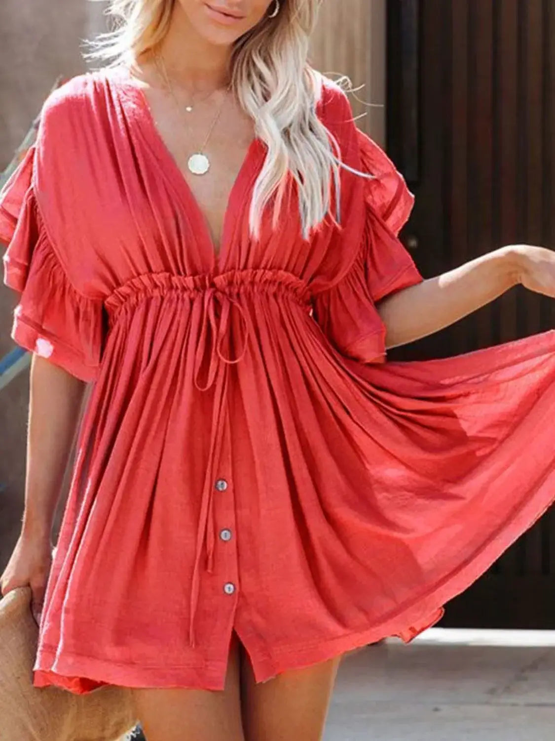 Drawstring Ruffled Half Sleeve Mini Dress - Trendsi - Flyclothing LLC
