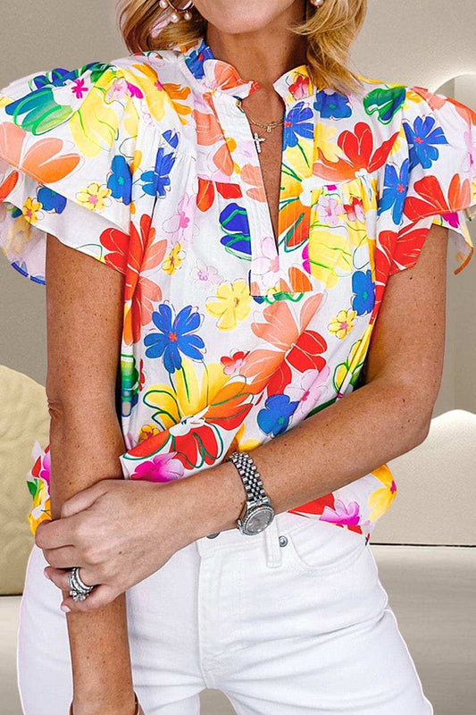 Ruffled Printed Notched Cap Sleeve Blouse - Trendsi - Flyclothing LLC