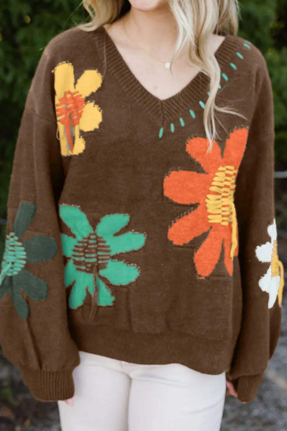 Flower V-Neck Dropped Shoulder Sweater - Trendsi - Flyclothing LLC