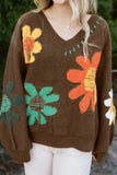 Flower V-Neck Dropped Shoulder Sweater - Trendsi - Flyclothing LLC