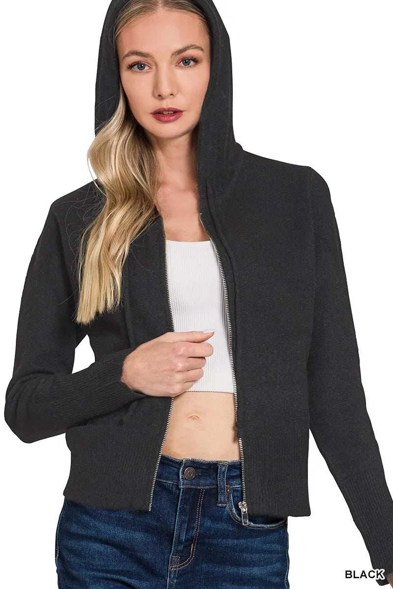 Zenana Drawstring Zip Up Hooded Cardigan - Trendsi - Flyclothing LLC