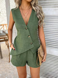 Devine Button Down Sleeveless Top and Shorts Set - Trendsi - Flyclothing LLC