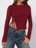 Tied Slit Round Neck Long Sleeve T-Shirt - Trendsi - Flyclothing LLC