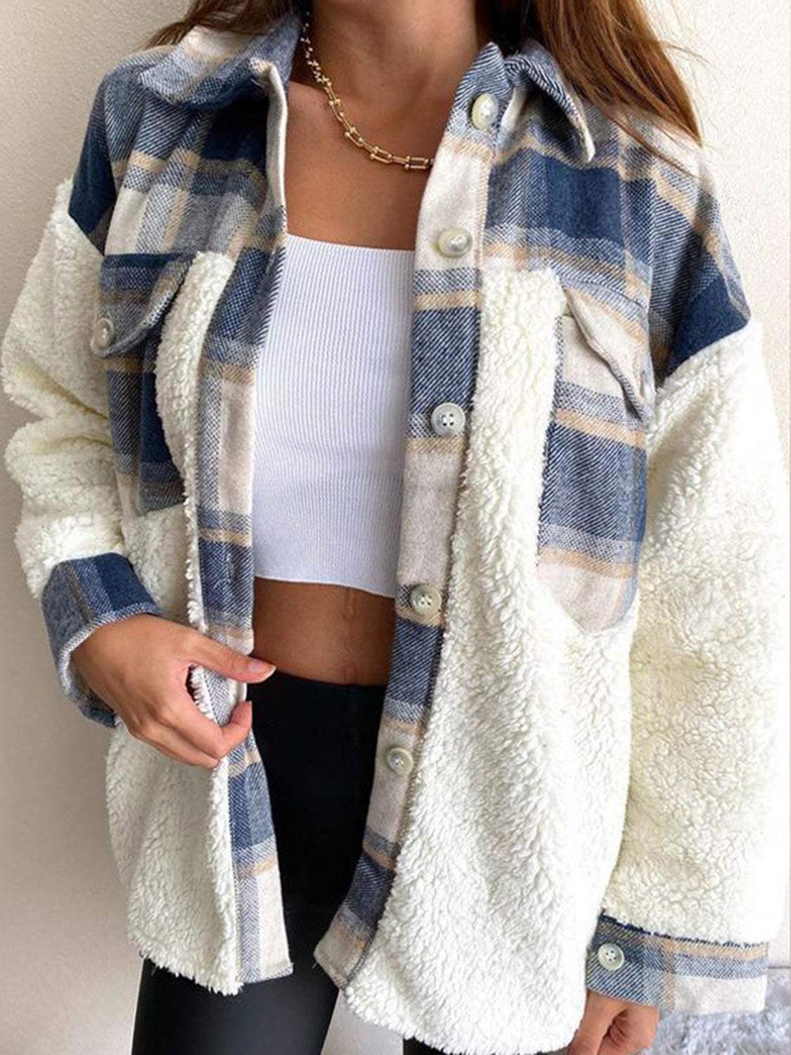 Fuzzy Button Up Long Sleeve Jacket - Trendsi - Flyclothing LLC
