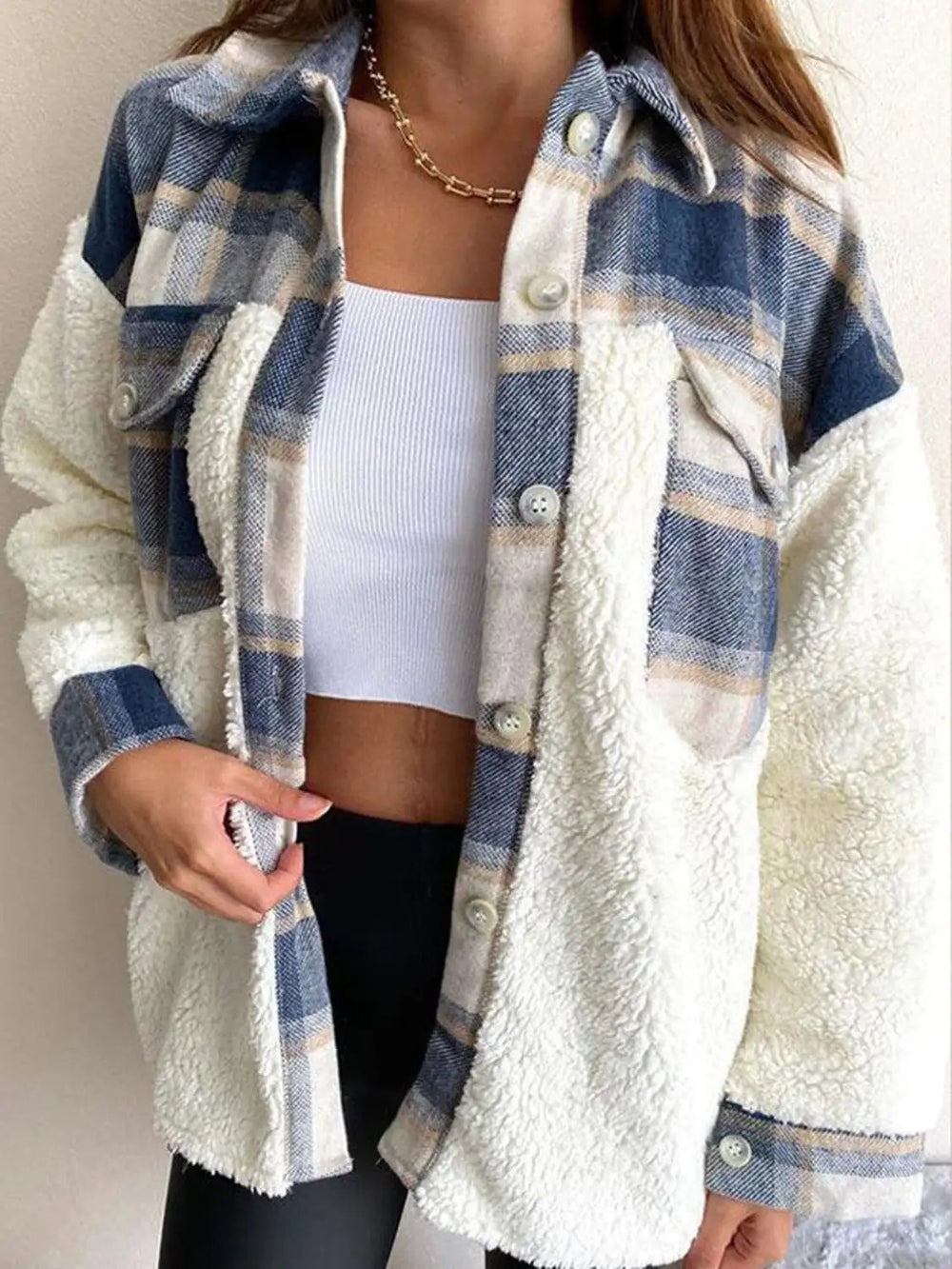 Fuzzy Button Up Long Sleeve Jacket - Trendsi