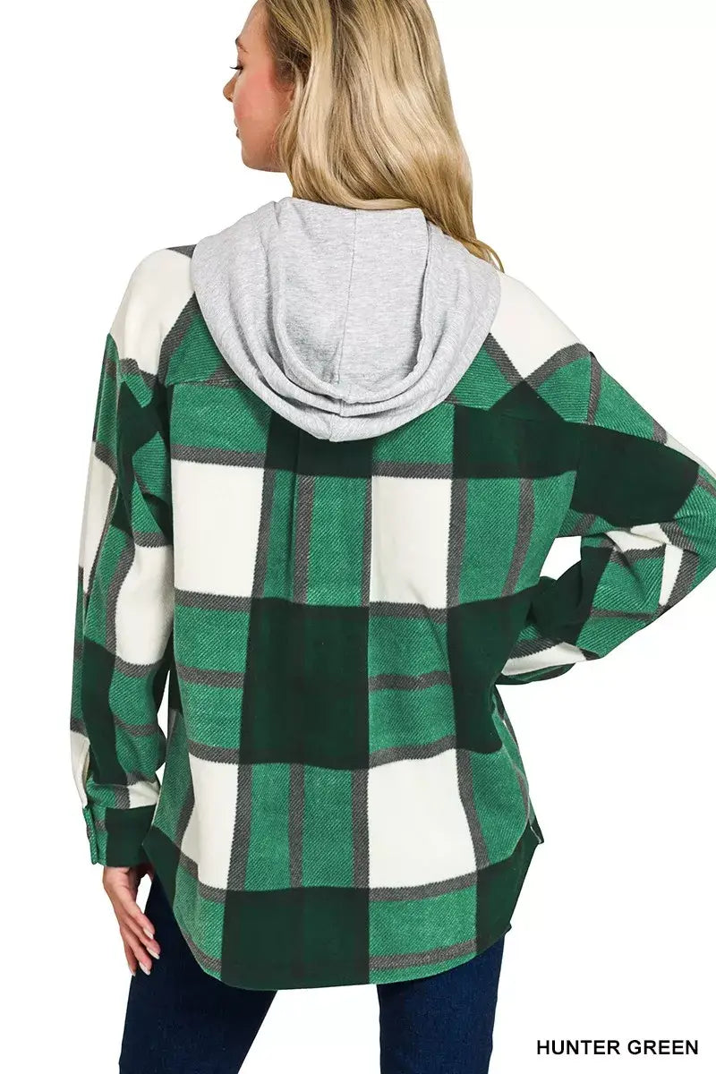 Zenana Plaid Drawstring Hooded Fleece Shacket - Trendsi - Flyclothing LLC