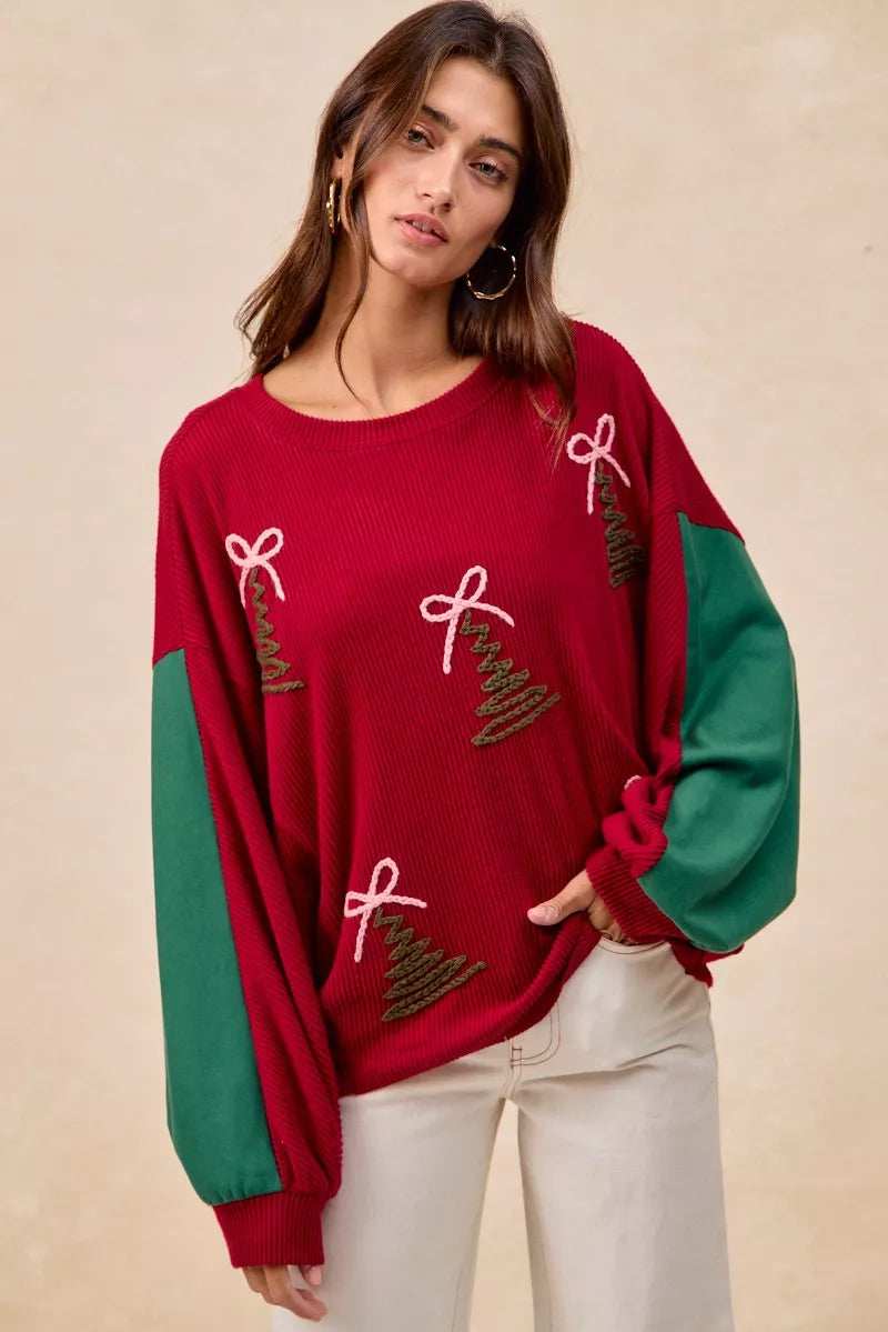 BiBi Christmas Theme Tree Embroidered Sweater - Trendsi - Flyclothing LLC