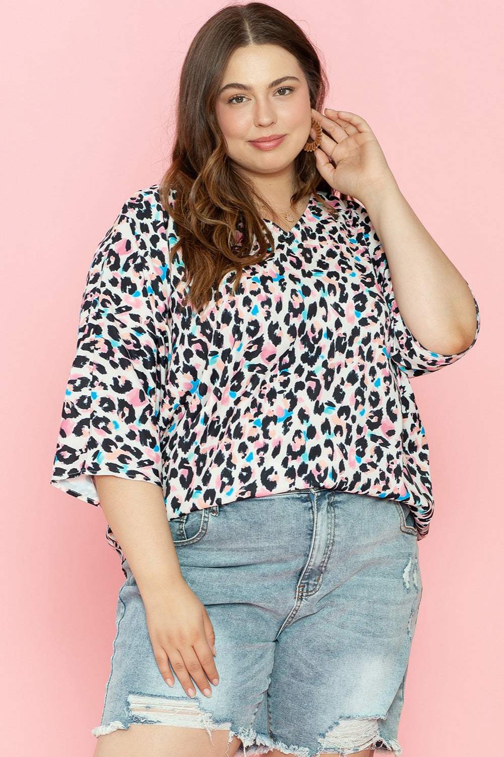 Plus Size Leopard V-Neck Three-Quarter Sleeve Blouse - Trendsi - Flyclothing LLC