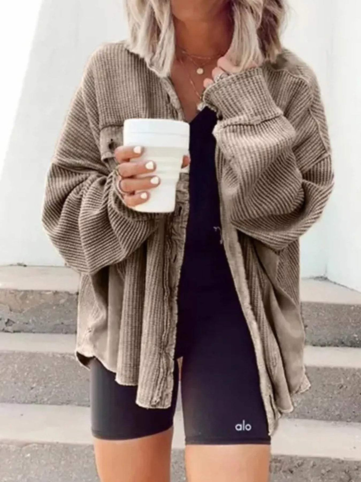 Oversized Waffle Knit Button-Up Jacket - Trendsi - Flyclothing LLC
