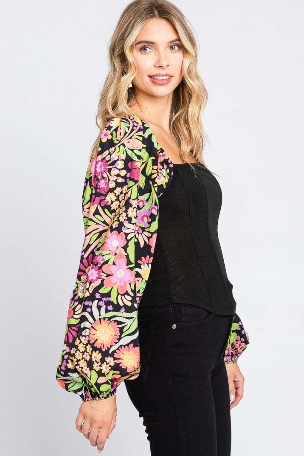 ODDI Full Size Floral Balloon Sleeve Blouse - Trendsi - Flyclothing LLC