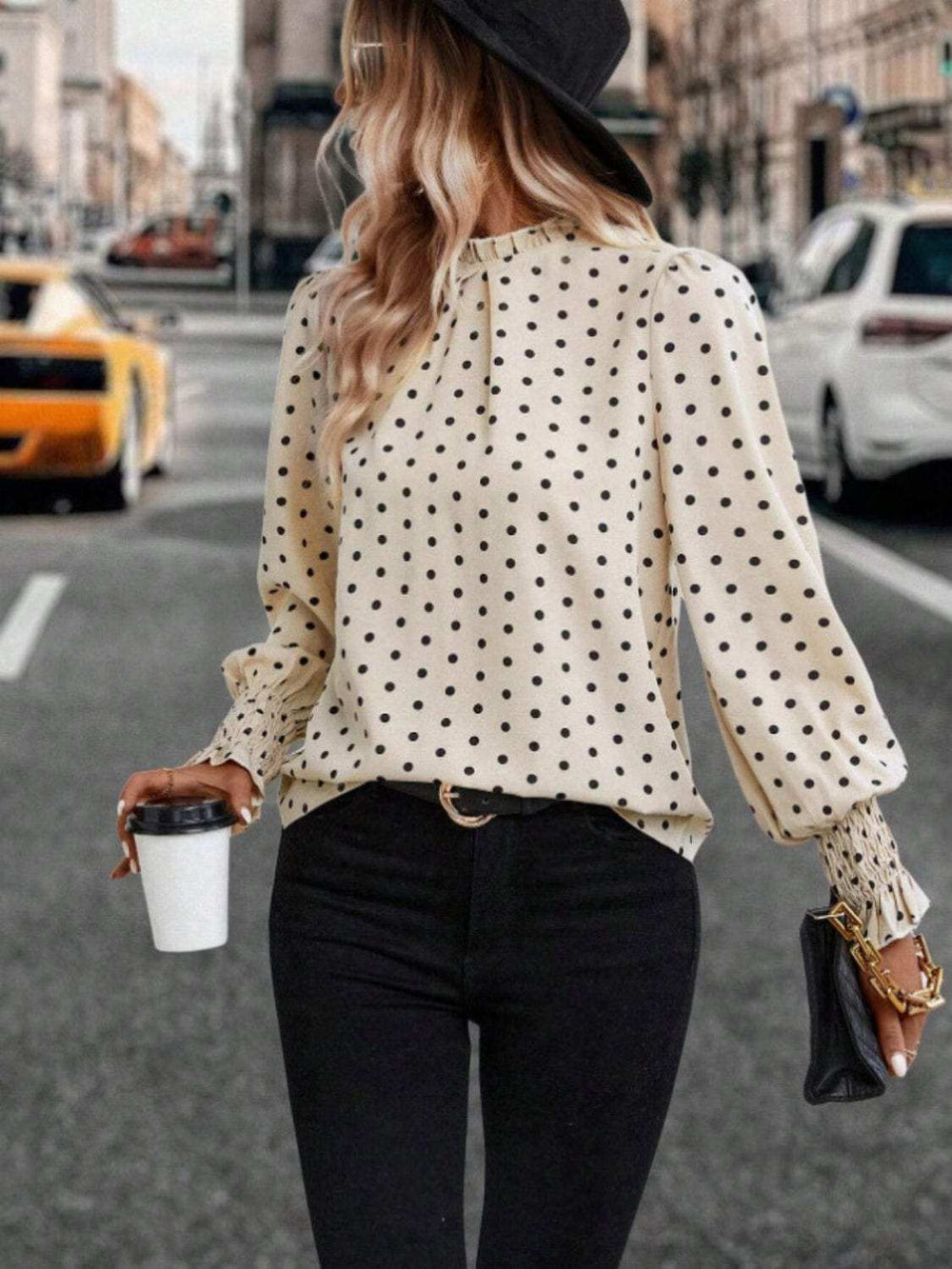 Polka Dot Mock Neck Long Sleeve Blouse - Trendsi - Flyclothing LLC
