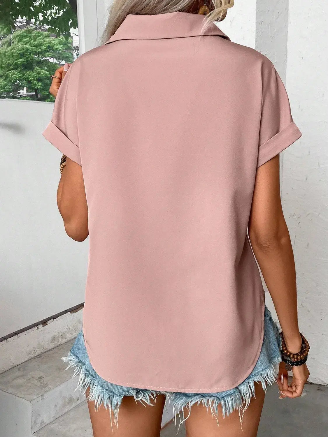 Pleated Detail Collared Neck Short Sleeve Shirt - Trendsi - Flyclothing LLC