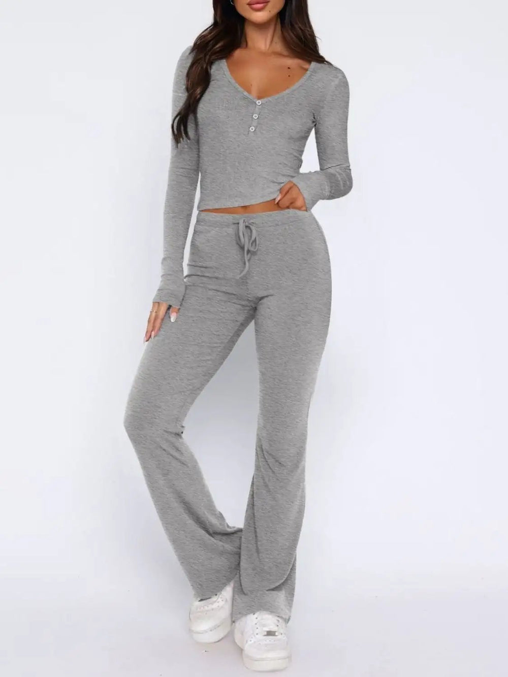 V-Neck Long Sleeve Top and Pants Set - Trendsi