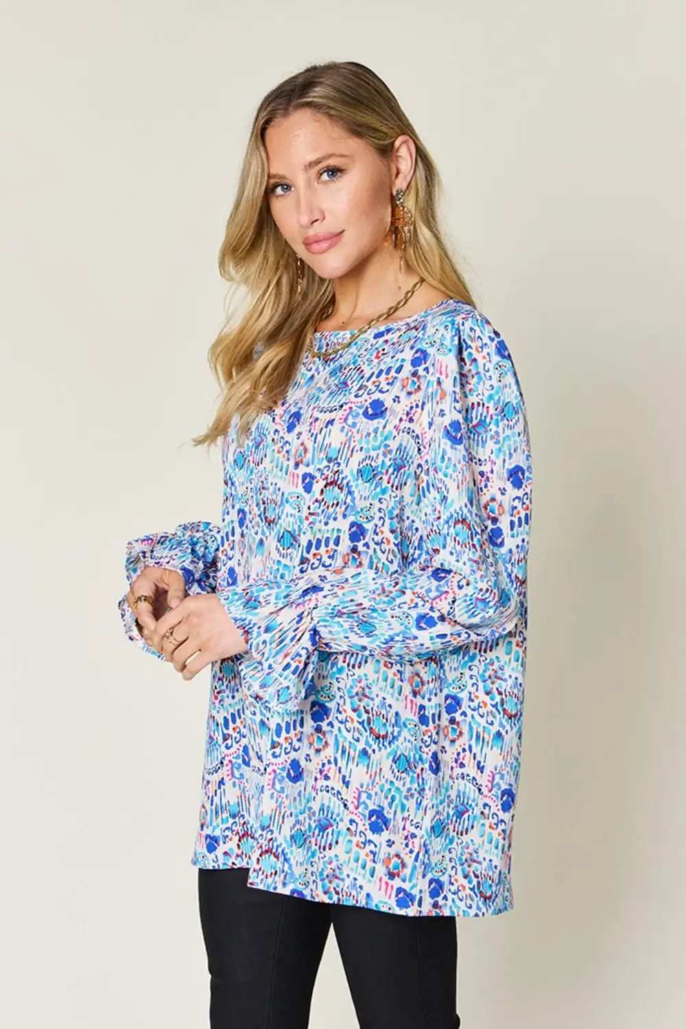 Double Take Full Size Printed Flounce Sleeve Blouse - Trendsi - Flyclothing LLC