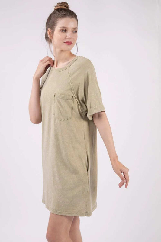 VERY J Washed Round Neck Mini Tee Dress - Trendsi - Flyclothing LLC